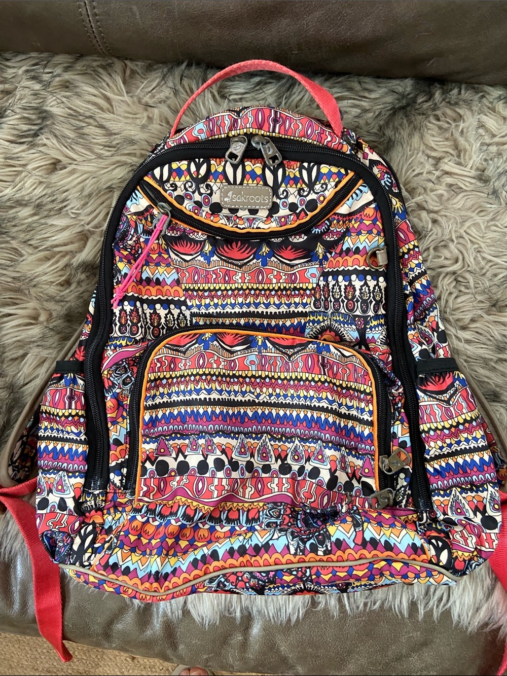 Sakroots Multicolor Tribal Print Backpack with Coral Accents